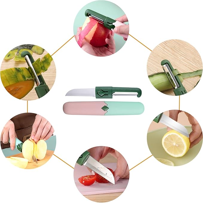 2 in 1 stainless steel Paring knife Peeler; fruit peeler; apple peeler; pear peeler, vegetable peeler, Kitchen Peeler (1, Green Pink)