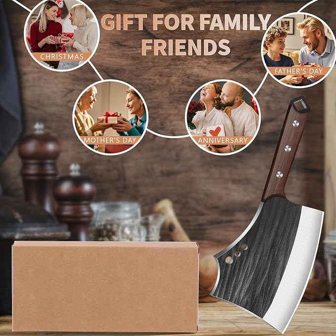 7.68" Meat Cleaver Knife for Meat Bone Cutting,Full Tang Japanese Chef Chopping Knife,Heavy Duty Butcher Axe Bone Breaker, Hand Forged Chopper for Kitchen,Gifts for Men
