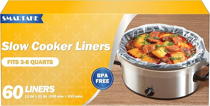 SMARTAKE Slow Cooker Liners, Large Size 13"x 21" Disposable Cooking Bags, Fit 3QT to 8QT for Slow Cooker, Cooking Trays, Suitable for Oval & Round Pots, 60 Liners