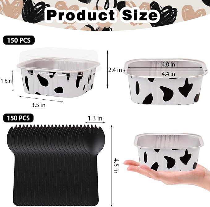 FORBFAN 150 Pcs Mini Square Baking Cups with Lids, 10 oz Mini Aluminum Cake Pans with Spoons, Small Baking Tins Cow Print