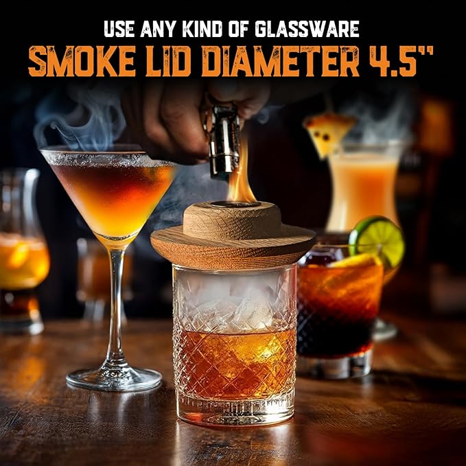 Personalised Whiskey Smoker Kit with Torch & Butane with Oak Wood Chips - Custom Engraved Smoke Lid for Bourbon & Old Fashioned Cocktails - Unique Whiskey Gifts for Men - Fits Various Glasses