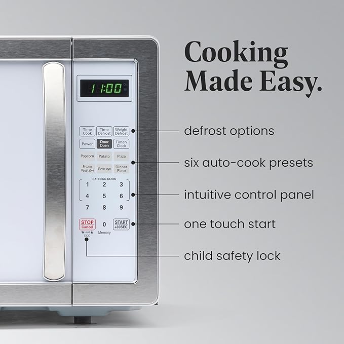 Farberware Countertop Microwave Oven 1000 Watt Power Auto Cook Settings, Defrost, Easy Clean and Child Safety Lock, 1.1 Cu. Ft, White Platinum