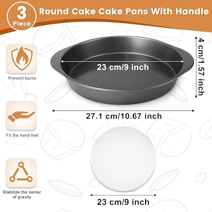 BEWOS 9 Inch Cake Pan Set - 100 Pcs Parchment Paper With 3 Pcs Carbon Steel Round Cake Pans, Nonstick Baking Pans Set With Handle, Dishwasher Safe
