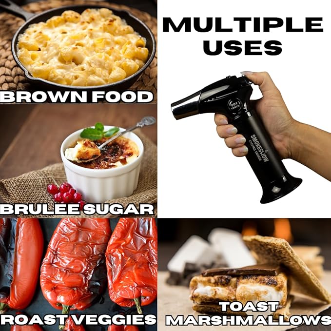 Blow Butane Cooking Torch, Lighter with Safety Lock and Adjustable Flame for BBQ, Baking, Brulee, DIY, Creme and Deserts | Viewing window for accurate fuel filling | Butane Gas not included
