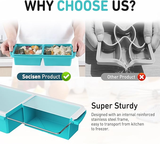 Silicone Freezer Tray with Lid Soup Freezer Container Molds with Steel Reinforced Rim Large Ice Cube Tray Makes 4 Perfect 2 Cup Portions Cubes Storage for Soup, Sauce, Leftovers Food Kitchen Things
