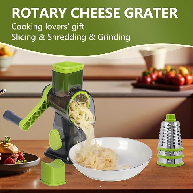 Rotary Cheese Grater with 3 Stainless Steel Blades, Hand Crank Vegetable Slicer, Suction Base, Green