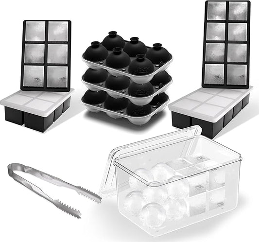 Large Ice Mold with Lid and Bin Mix Set (Total 46 Ice): 2 Pack New Upgraded 6 Grid Ice Cube Tray & 8 Grid Ice Cube Tray, 3 Pack 6 Sphere Ice Ball Mold-Black (With Ice Bin and Ice Tong)