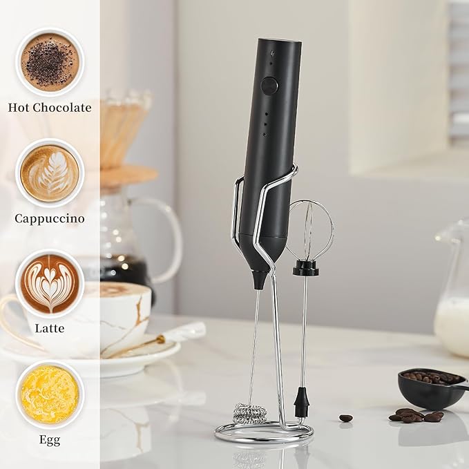 Rechargeable Milk Frother Set by ELMWAY, Electric Drink Blender with Wand and Egg Whisk, Foam Maker Mixer, Milk Frother Handled for Coffee, Latte, Matcha, Protein Powder (Black with Stand)