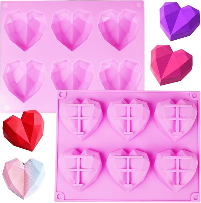 Heart Silicone Molds, AITRAI 2 Pack 3D Diamond Heart Chocolate Molds Soap Mold for Soap Making Silicone Cake Molds Mousse Mold, Gift for Birthday Wedding