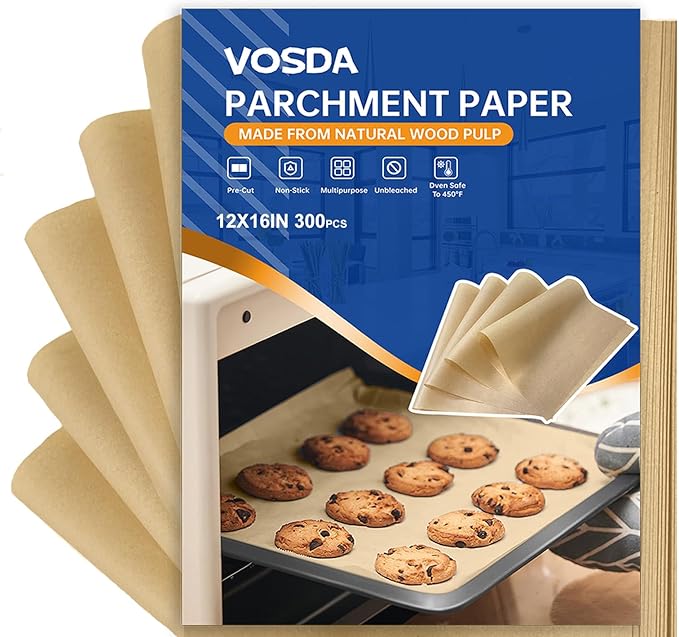 Parchment Paper Sheets for Baking 12-16 IN Precut Non-Stick Parchment Paper Unbleached Baking Sheet Paper for Air Fryer,Baking,Sandwich,Grilling,Steaming,Suitable For Bread Cake Cookies 300p