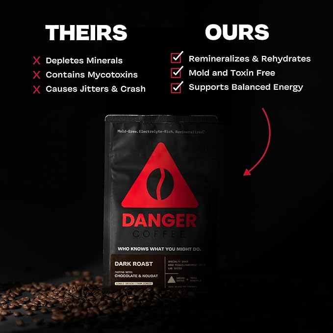 Danger Coffee by Dave Asprey, Remineralized, Mold Free & Lab Tested Ground Coffee, Dark Roast, 10.9 Ounce
