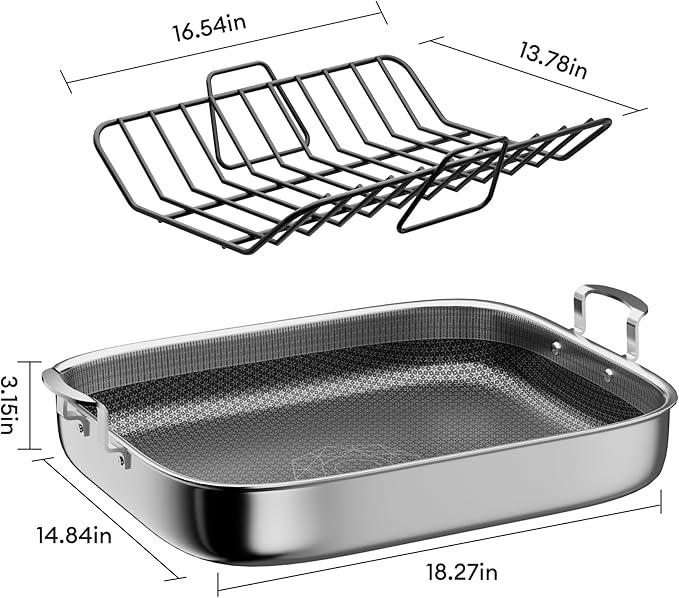 COOKER KING Stainless Steel Nonstick Roasting Pan with Rack, Roaster Turkey Pan Dishwasher and Oven Safe, Compatible with All Cooktops (Rectangular, Large)