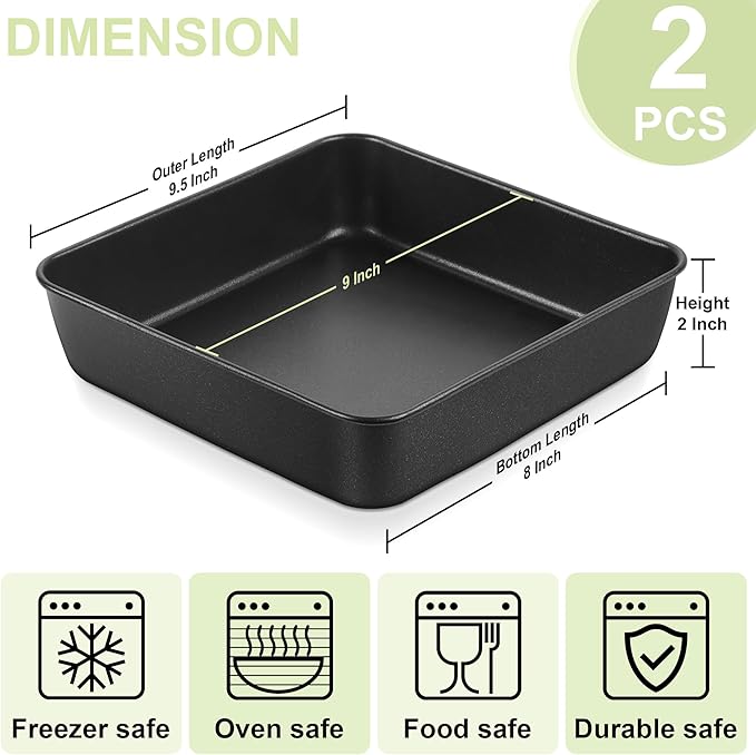 E-far 9 Inch Square Cake Pan Set of 2, Nonstick 9x9 Baking Pan with Stainless Steel Core, Black Metal Bakeware for Brownies Lasagna Cakes, Non-toxic & Easy Clean, 2 Inch Deep
