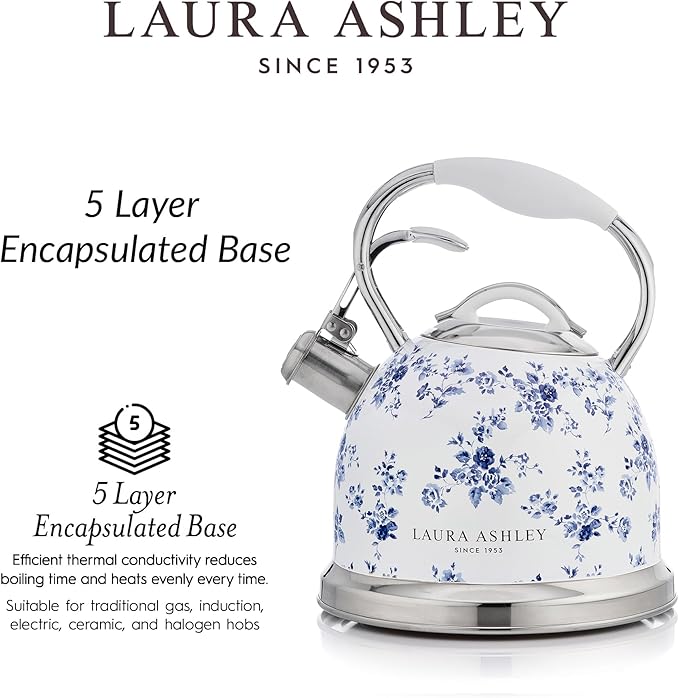 VQ Laura Ashley China Rose 2.5L Stainless Steel Tea Kettle Stovetop Whistling Teapot for Induction, Gas Hob or others. Silicon Coated Cool Handle & Push Button Mechanism Vintage Stove Top Kettle