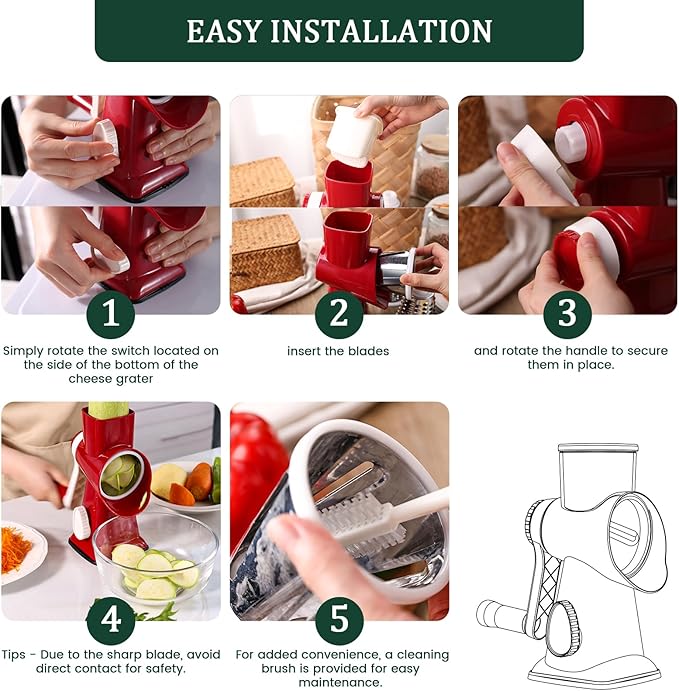 HANSGO Rotary Cheese Grater, Hand Crank Cheese Shredder, Vegetable Slicer for Kitchen, 3 Interchangeable Blades for Potatoes Carrots Onion Zucchini Nuts Chocolate Fruits, Red