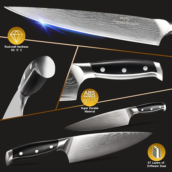 Damascus Knife Set with Block – 9-Piece VG10 67-Layer High Carbon Steel Kitchen Knives, Triple-Riveted Pakkawood Handles, Chef, Santoku, Utility, Bread & Paring Knives, Sharpener & Shears