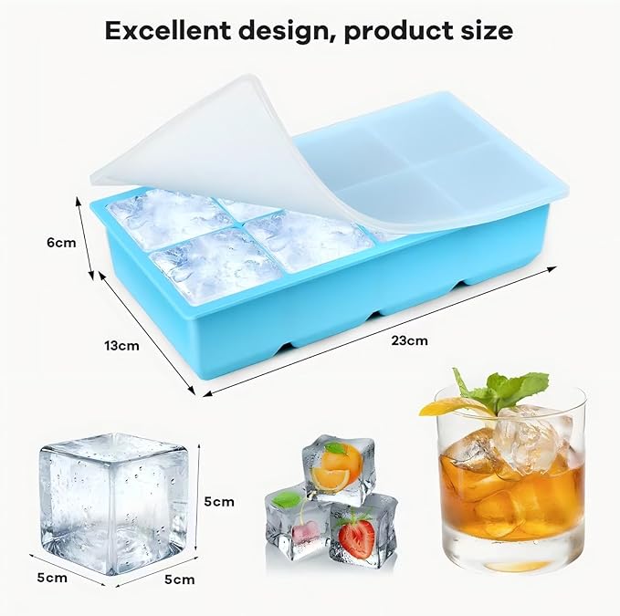 8 Grids Large Ice Cube Trays - Silicone Ice Cube Tray with Lid, Silicone Large Ice Cube Trays Easy Release, Silicone Ice Cube Molds Big Square Ice Maker Tray BPA Free for Cocktail, Whiskey, Coffee