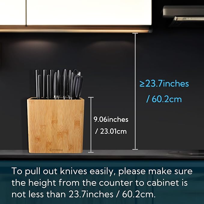 KITCHENDAO XL Bamboo Universal Knife Block Holder with Slots for Scissors and Sharpening Rod, Safe, Space Saver Knives Storage Stand Display without Knives, Unique Slot Design to Protect Blade