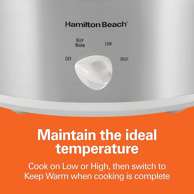 Hamilton Beach 4-Quart Slow Cooker with 3 Cooking Settings, Dishwasher-Safe Stoneware Crock & Glass Lid, Stainless Steel (33140G)