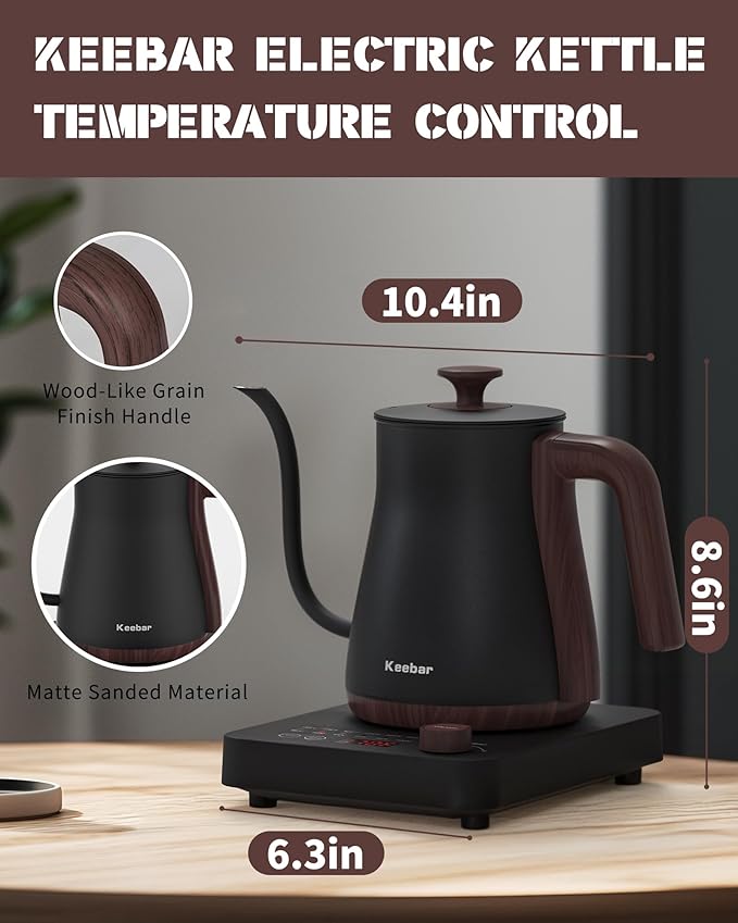 Electric Kettle, Electric Gooseneck Kettle with 6 Temperature Control Presets and LED Display, 0.8L/27.05oz, 0.8mm Ultra-Fine Spout, 304 Stainless Steel Inner, 1000W Gooseneck Kettle, Matte Black