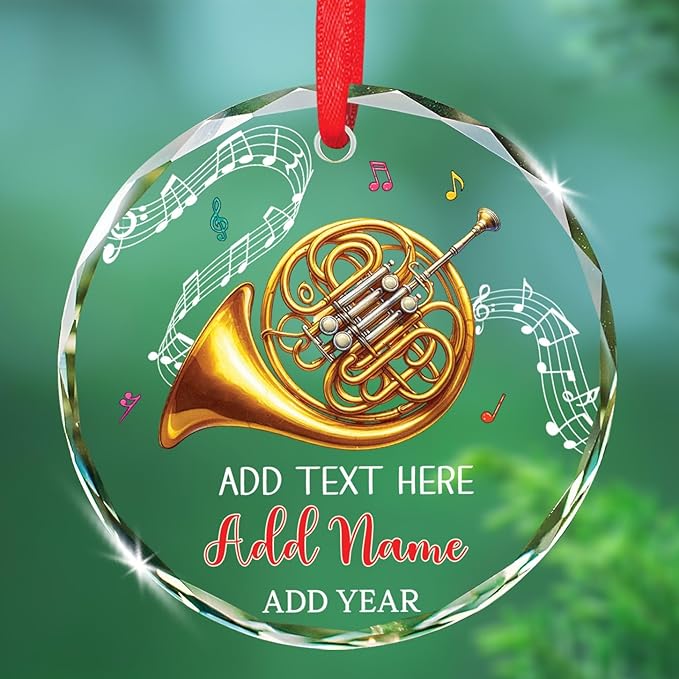 Musical Instrument Glass Ornament Christmas 2025, Personalized French Horn Player Xmas Ornaments, French Horn Glass Ornament Gifts for Musician, Custom Text & Name Instrument Lover Christmas Keepsake