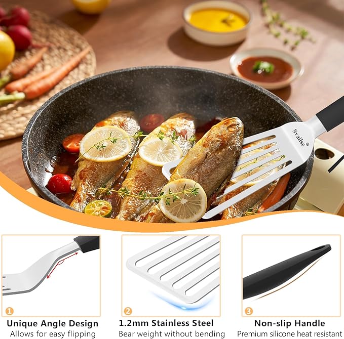 Stainless Steel Fish Spatula, 13.3 inch Metal Spatulas with Silicone Handle, Slotted Turner for Cooking, Grilling, Flipping, Egg, Cookie, Pancake and Burger (Large)