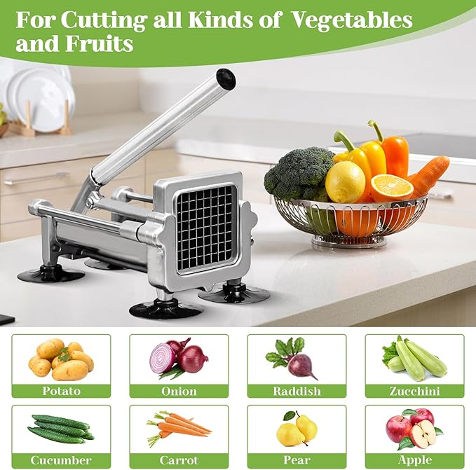 Commercial French Fry Cutter, Heavy Duty Potato Slicer with 3/8 and 1/4Inch Blade, Stainless Steel Potato ChopperFrench Fries Cutter with Suction Feet,