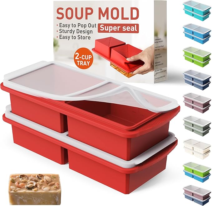 Silicone Freezer Tray with Lid Soup Freezer Container Molds with Steel Reinforced Rim Ice Cube Freezer Molds for Soup, Sauce, Leftovers, Homemade Meal Prep Containers Kitchen Accessories