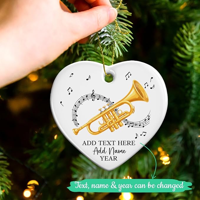 Personalized Text Name Year Trumpet Xmas Ceramic Ornaments, Trumpet Instrument Christmas Tree Ornament 2025, Trumpetist Christmas Ornament Gift for Men Women, Instrument Themed Xmas Decor