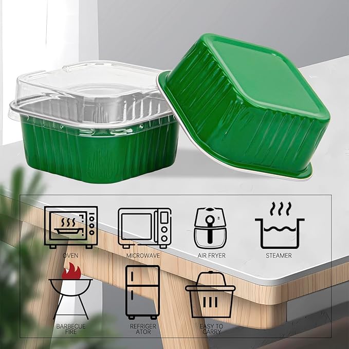 50 Pcs Mini Square Baking Cups with Lids,5oz Aluminum Foil Mini Cake Pans with Lids,Disposable Ramekins Cake Pans,150ml Dessert Cups Cupcake Pans for Wedding Birthday Party,Dark Green