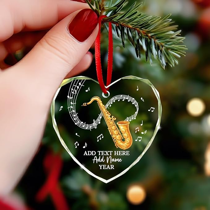 Personalized Saxophonist Christmas Glass Ornament 2025, Saxophone Musical Instrument Ornaments for Xmas Tree, Custom Text Name & Year Saxophone Player Xmas Ornament, Gifts for Music Lovers