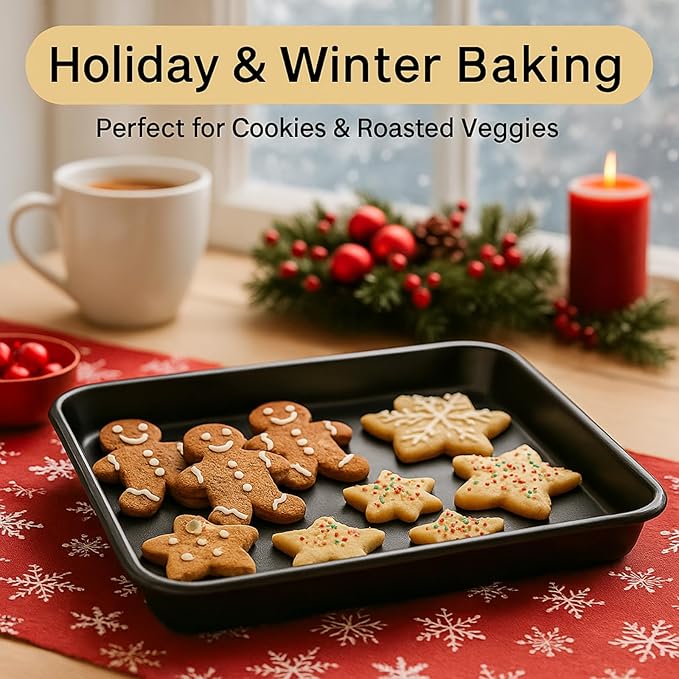 9x11 Inch Cookie Sheet, Baking Tray for Toaster Oven, Non Stick Baking Sheet Pan for Biscuits, Vegetables, Easy to Clean, Non-Warp Heavy Duty Pans, Black, 2-Pack