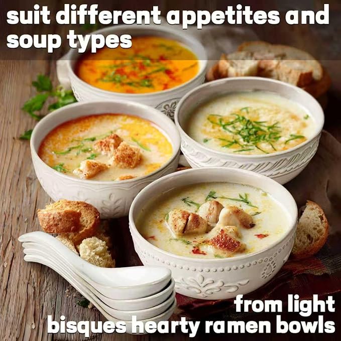 Artena Soup Bowls 32 OZ, Cereal Bowls Set of 4, Embossment Ceramic Ramen Bowls, 6.3 Inch White Salad Bowls, Large Dinner Bowls for Pho, Noodle, Pasta, Snacks, Dishwasher Microwave Safe, Damask Floral