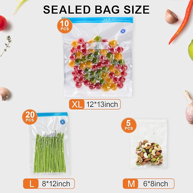 JEETEE Vacuum Sealer with 35 Reusable Bags for Food Fresh, Compact & Handhed Vacuum Sealer Machine for Food Seal, Portable, White
