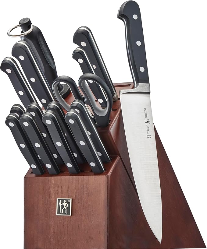 HENCKELS Classic Razor-Sharp 16-Piece Knife Block Set, Chef Knife, Bread Knife, Carving Fork and Knife, German Engineered Informed by 100+ Years of Mastery, Dark Brown Block