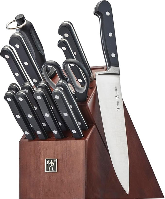 HENCKELS Classic Razor-Sharp 16-Piece Knife Block Set, Chef Knife, Bread Knife, Carving Fork and Knife, German Engineered Informed by 100+ Years of Mastery, Dark Brown Block