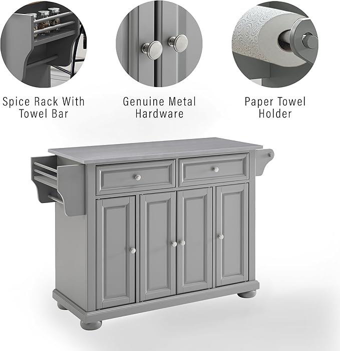 Crosley Furniture Alexandria Stainless Steel Top Rolling Kitchen Island Storage Cart, Microwave Stand, Gray