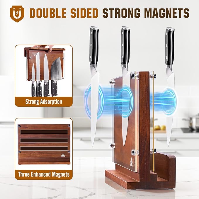 ENOKING Magnetic Knife Block with Acrylic Shield 12 x 9 Inches, Double Side Kitchen Knife Holder without Knives- Acacia Wood Universal Knife Storage Organizer with Powerful Magnet for Kitchen Counter
