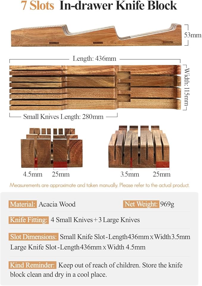 XINZUO In-drawer Knife Block, Natural Acacia Knife Drawer Oganizer, Insert-Kitchen Storage Holder, 7 Slots, Holds up to 7 Various Size Knives, Countertop Saving&Knife Protective