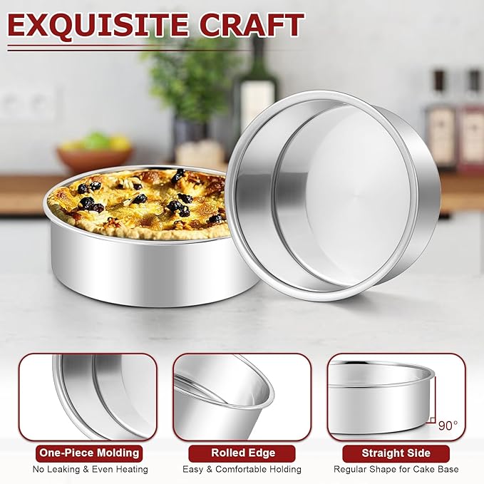 LIANYU 8 Inch Round Cake Pan for Baking, Circle Layer Cake Tin with 30 PCS Parchment Paper, Stainless Steel Bakeware for Birthday Wedding Party, Leak-proof & Mirror Finish, Dishwasher Safe