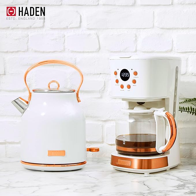 HADEN Coffee Machine, 12 Cup Drip Coffee Maker Bundled with Heritage 1.7 Liter Stainless Steel Electric Kettle, Ivory & Copper