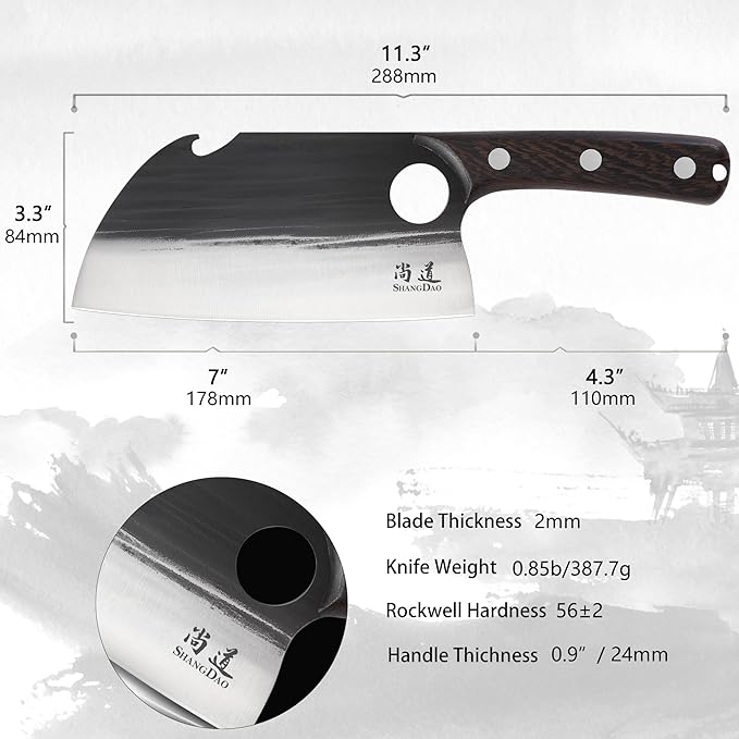SHANGDAO 7" Deba Knife, Hand Forged Cleaver Butcher Knife for Meat Cutting, Japanese Kitchen Viking Knife with Sheath, Cooking Knife for Kitchen and Outdoor Camping, Thanksgiving Christmas Gifts