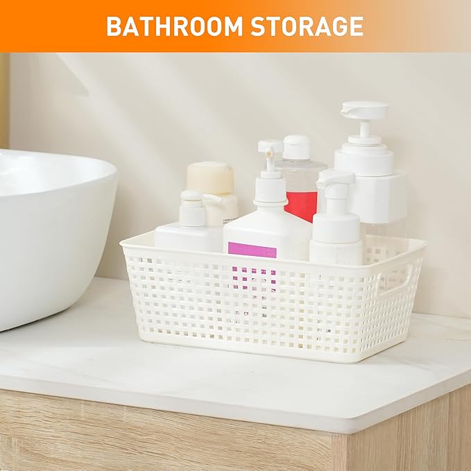 Plastic Storage Baskets With Lid, Storage Bins for Organizing, Stackable Decorative Containers for Shelves Drawers Desktop Closet Playroom Classroom Office, 6 Pack- White
