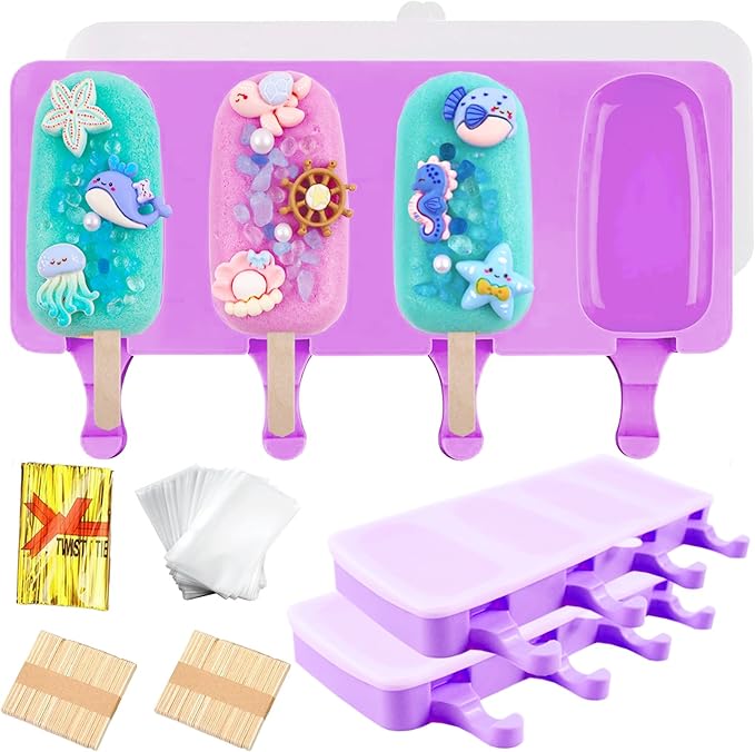 3pcs Large Silicone Popsicle Molds with Lids,4 Cavities Cake Pop Molds,Oval Ice Cream Bar Mold Ice Pop Cakesicle Molds Silicone with 100 Wooden Sticks & 100 Bags &100 Twist Ties(Purple)