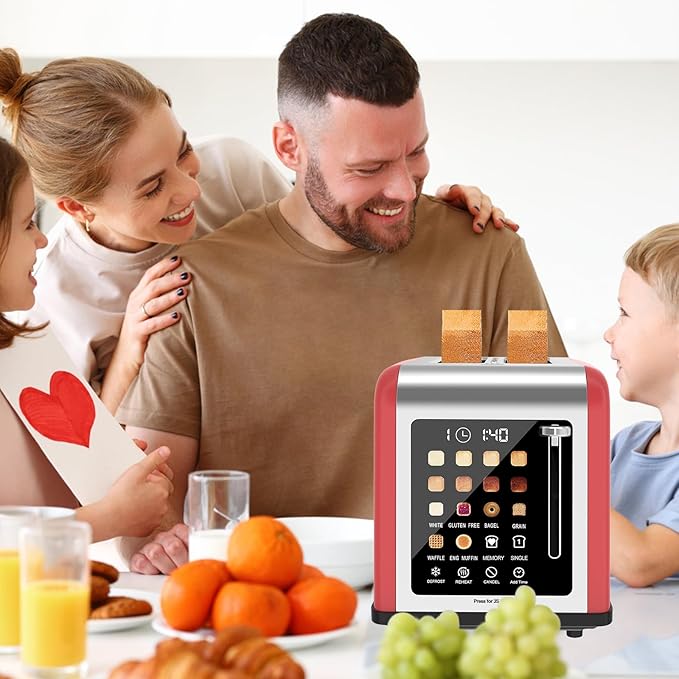 2 Slice Toaster Touch Screen, Stainless Steel Toasters Digital Timer 2 Slot Toasters, 8 Shade Settings 6 Bread Types for Bagel, Cancel, Defrost (Red)