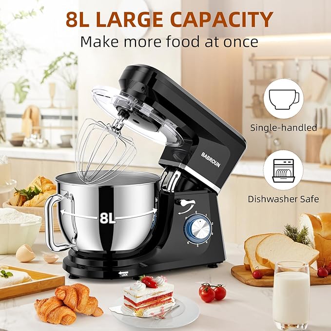 Dough Mixer 8.45 QT Electric Mixer - 660W 6 Speed Large Capacity Kitchen Stand Mixer with Whisk Dough Hook Mixing Beater Household Food Mixer for Baking Cakes Cookie Bread Salad (Black)