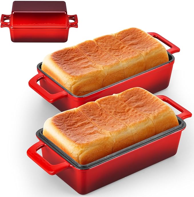 Leonyo 9 x 6 inch Cast Iron Loaf Pan with Lid, 2-in-1 Enameled Sourdough Baking Pan, Homemade Bread Dutch Oven for Pound Cake, Lasagna, Up to 500℉ & Red
