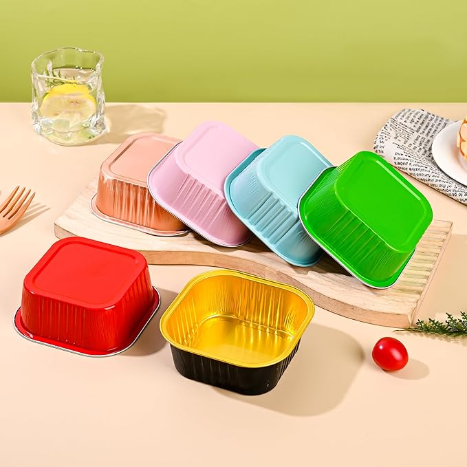 Mini Cake Pans With Lids (10oz,40 Pack) Aluminum Foil Square Cupcake Liners Brownie Baking Cups,Disposable 4”x4” Large Cupcake Pan,Jumbo Muffin Tin Ramekins Holders