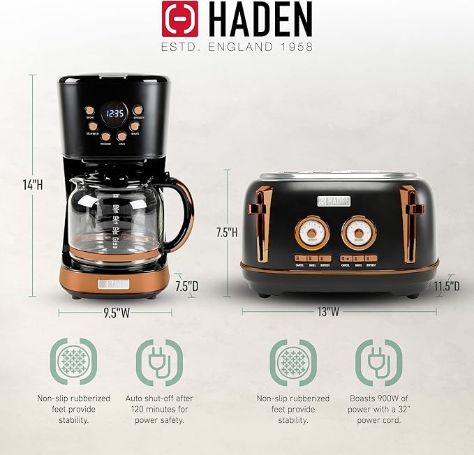 Haden Dorset 4 Slice Wide Slot Stainless Steel Toaster Bundled with 12 Cup Programmable Drip Coffee Maker Coffee Machine, Black & Copper