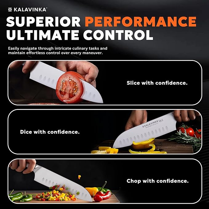 7 Inch Santoku Knife, German Stainless Steel, Razor Sharp Multipurpose Kitchen Knife with Balanced Handle and Gifted Sheath, Grilling Tools (SAMJNA)
